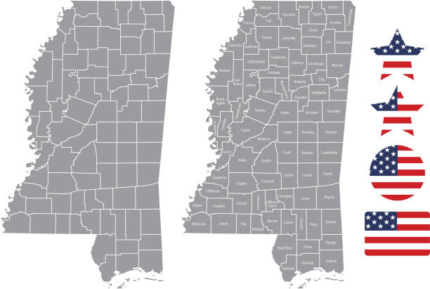 ilustrações de stock, clip art, desenhos animados e ícones de mississippi county map vector outline in gray background. mississippi state of usa map with counties names labeled and united states flag icon vector illustration designs - philadelphia mississippi