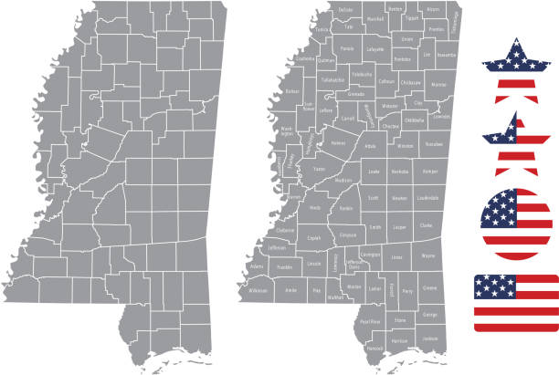 Mississippi county map vector outline in gray background. Mississippi state of USA map with counties names labeled and United States flag icon vector illustration designs The maps are accurately prepared by a GIS and remote sensing expert. meridian mississippi stock illustrations