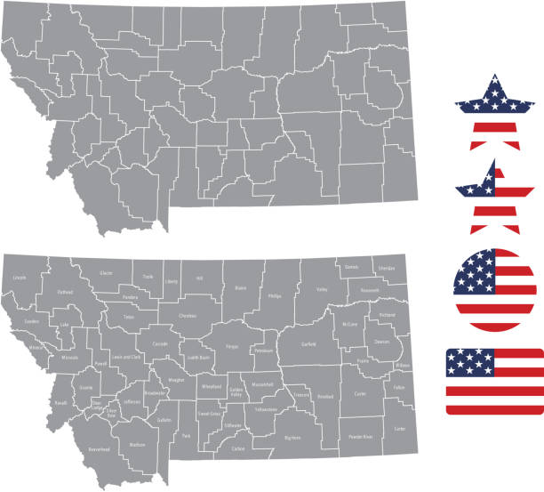 illustrazioni stock, clip art, cartoni animati e icone di tendenza di contorno vettoriale mappa contea montana in sfondo grigio. mappa dello stato del montana degli stati uniti con i nomi delle contee etichettati e i disegni dell'illustrazione vettoriale dell'icona della bandiera degli stati uniti - lake dillon