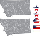 Montana county map vector outline in gray background. Montana state of USA map with counties names labeled and United States flag icon vector illustration designs
