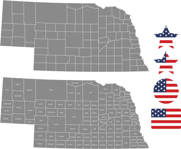 illustrazioni stock, clip art, cartoni animati e icone di tendenza di struttura vettoriale della mappa della contea del nebraska in sfondo grigio. mappa dello stato del nebraska degli stati uniti con i nomi delle contee etichettati e i disegni dell'illustrazione vettoriale dell'icona della bandiera degli stati uniti - nebraska lincoln nebraska map physical geography