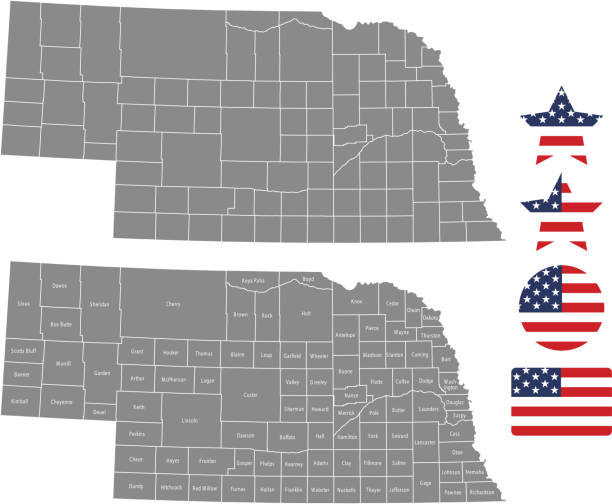Nebraska county map vector outline in gray background. Nebraska state of USA map with counties names labeled and United States flag icon vector illustration designs The maps are accurately prepared by a GIS and remote sensing expert. kearney county stock illustrations