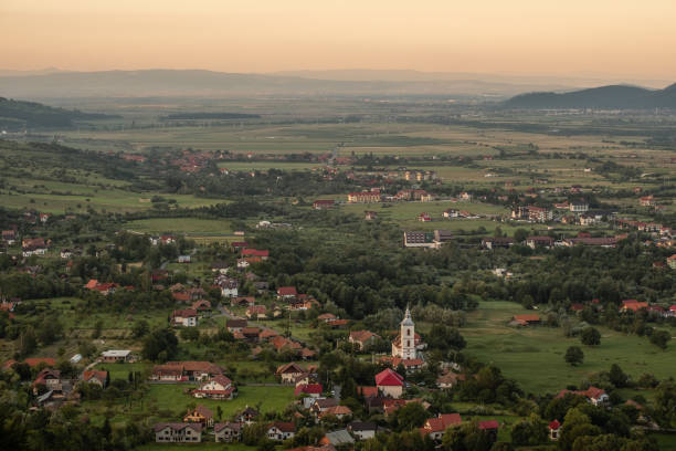Sunset over the Transylvanian countryside near Bran castle stock photo