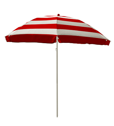 Red striped beach umbrella isolated on white. Clipping path included.