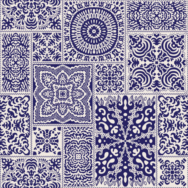 illustrazioni stock, clip art, cartoni animati e icone di tendenza di vector abstract modello patchwork senza cuciture da ornamenti etnici blu scuro e beige. sfondo sfondo sfondo. mandala ornamento rotondo, batik, traforo fantasy, design di stampa tessile, carta da imballaggio, copertina dell'album - cultura persiana