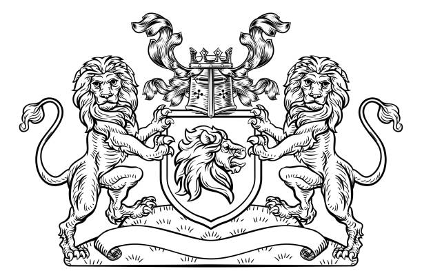 illustrazioni stock, clip art, cartoni animati e icone di tendenza di stemma scudo cresta leoni emblema araldico - blasone