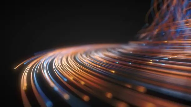 Photo of glowing fiber optic strings in dark. 3d illustration
