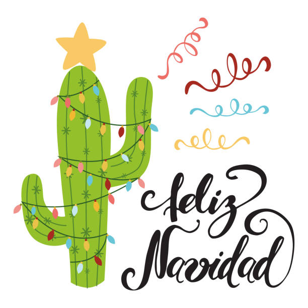 Merry Christmas banner. Happy cactus in a Christmas garland. Cool vector greeting card. Title in Spanish vector art illustration