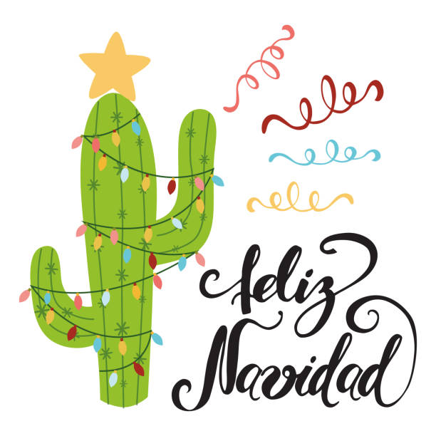 Merry Christmas banner. Happy cactus in a Christmas garland. Cool vector greeting card. Title in Spanish Merry Christmas banner. Happy cactus in a Christmas garland. Cute vector greeting card, print, label, poster, sign. Title in Spanish. Vector illustration. Hand drawn mexico design. Hand lettering spanish postage stamp cartoon stock illustrations