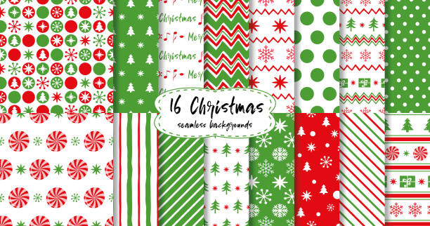 wesołych świąt i szczęśliwego nowego roku bez szwu wzory w czerwonych zielonych kolorach choinka, cnow, prezenty - christmas pattern striped backgrounds stock illustrations