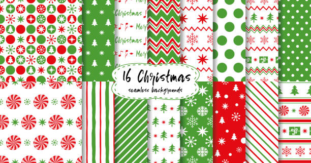 Merry Christmas and Happy New Year seamless patterns in red green colors christmas tree, cnow, gifts Merry Christmas and Happy New Year! Set of red and white seamless backgrounds with holiday symbols: candy sweets, trees, snowflakes, christmas ball, gift and abstract patterns. Vector collection. christmas paper stock illustrations