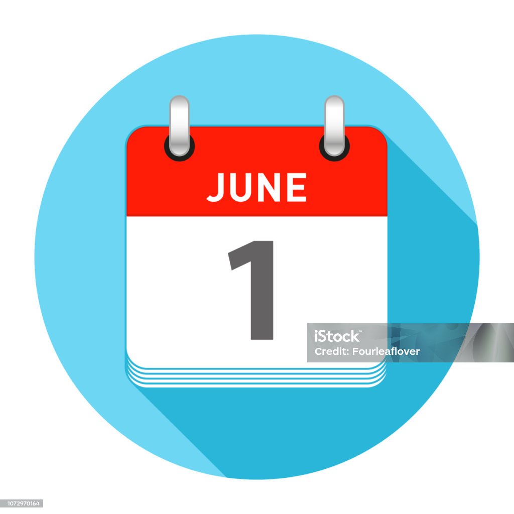 June 1 Single Day Calendar Flat Style June 1 Date on a Single Day Calendar in Flat Style with long flat shadow on a blue background June stock vector