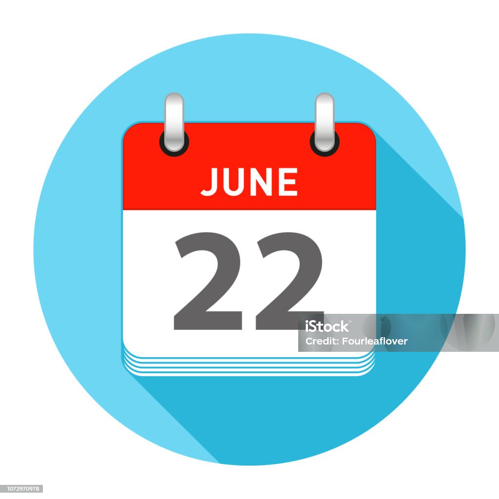 June 22 Single Day Calendar Flat Style June 22 Date on a Single Day Calendar in Flat Style with long flat shadow on a blue background Backgrounds stock vector