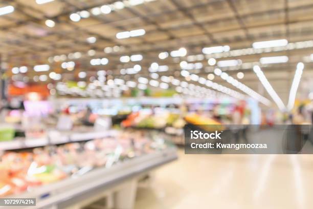 Supermarket Interior With Grocery Product Blurred Defocused Background With Bokeh Light Stock Photo - Download Image Now