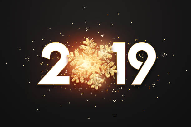 istock Creative background, numbers 2019 and festive confetti, spiral ribbons on a dark background. Happy New Year 2019. Decoration element with tinsel, copy space. 1072975768