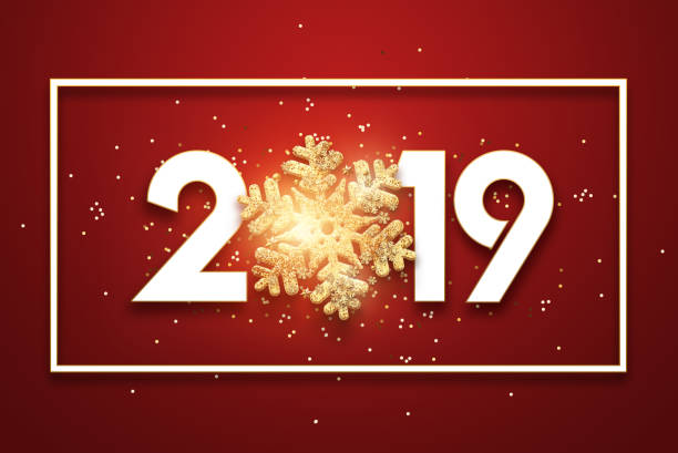 istock Creative background, numbers 2019 and festive confetti, spiral ribbons on a red background. Happy New Year 2019. Decoration element with tinsel, copy space. 1072975772