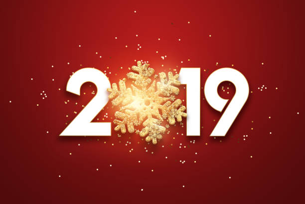 istock Creative background, numbers 2019 and festive confetti, spiral ribbons on a red background. Happy New Year 2019. Decoration element with tinsel, copy space. 1072975774