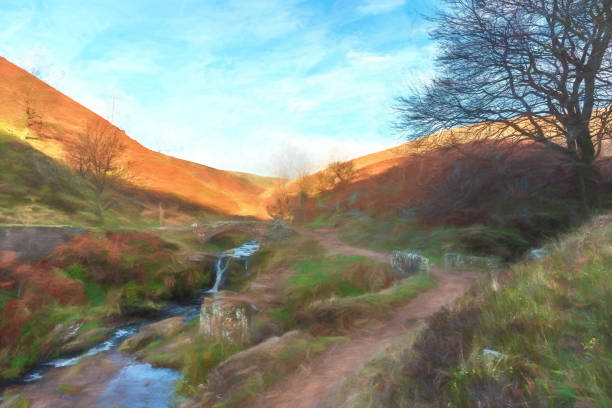 istock Digital watercolour of a waterfall and stone packhorse bridge at Three Shires Head. 1072978956