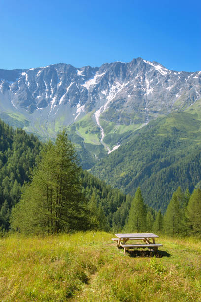istock Table of picnic in a meadow and peak mountains background 1072979866