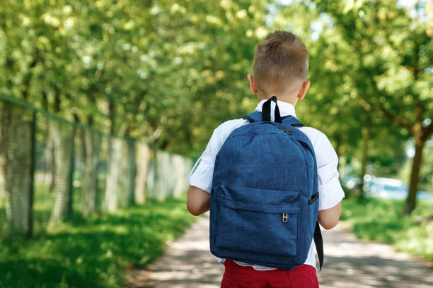 istock Back to school. A boy from an elementary school with a backpack on the street. The concept of the day of knowledge, September 1, the beginning of school. 1072980310