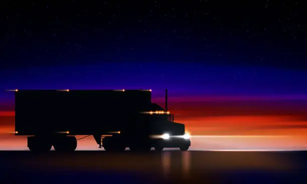 Vector illustration of Truck moves on highway in the night. Classic big rig semi truck with headlights and dry van in the dark on the night road on colorful starry sky background, vector illustration