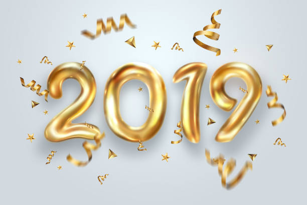 istock Creative background, Gold numbers Balloons on a light background, 2019 Happy new year, Number Ball, Air Filled Balloon. New year balloon for decoration, celebration, congratulation. copy space. 1072989458