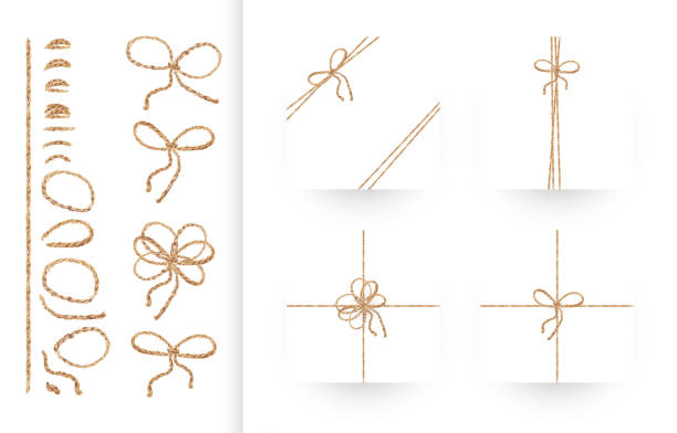 Set of ribbons, bows with rope and twines Set of ribbons, bows and ornaments made of natural linen rope and twines. Realistic illustration in vector. Collection of individual elements to create your own composition. EPS10 tying stock illustrations