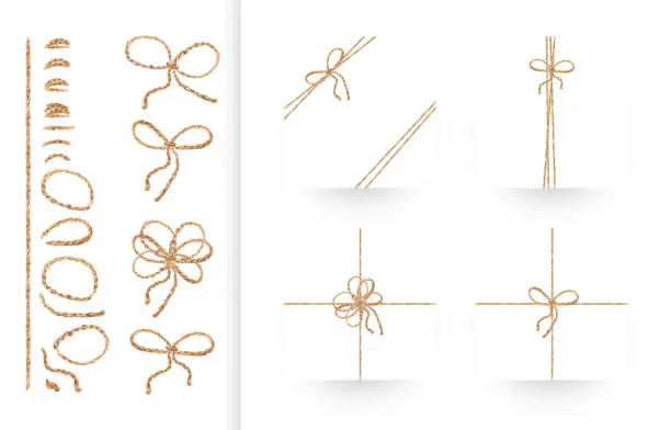 Vector illustration of Set of ribbons, bows with rope and twines