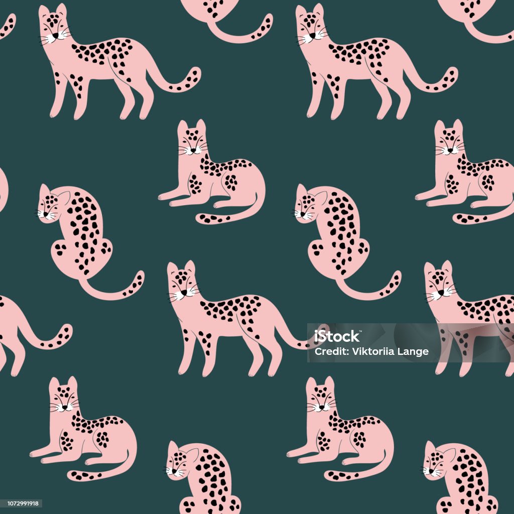 Trendy hand drawn seamless pattern with pink Leopards on green backdrop. Vector print. Animal stock vector