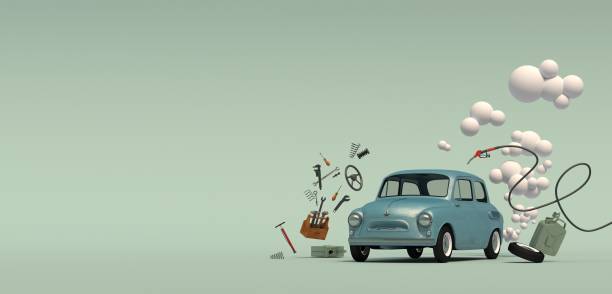 Banner with a passenger blue retro car with a gas bubble, surrounded by flying around auto parts.