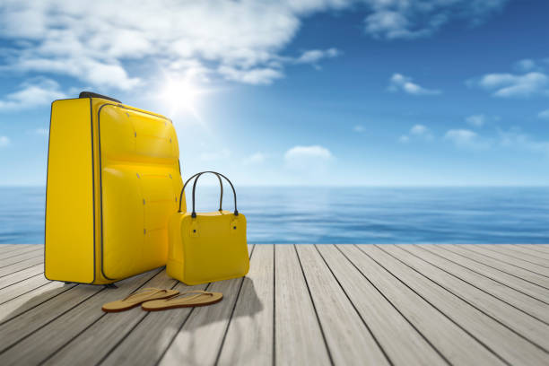 3d rendering of some luggage on a wooden jetty