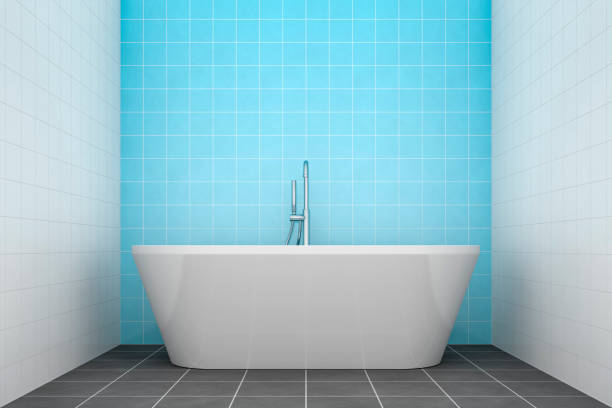 turquoise bathroom side view to the tub stock photo