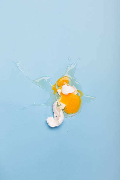 Broken white egg and spray on the blue background stock photo