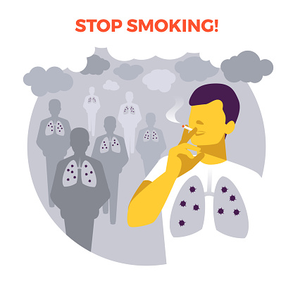 Smoking in public place. Seconhand smoke. Illness risk. Stop smoking. World no tobacco day. Air pollution. Infographic. Vector illustration. Healthcare poster or banner template.