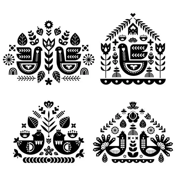 Vector illustration of Folk art pattern collection with four single pattern. Monochrome decorative composition with bird and floral elements. Nordic style. Vector design templates set.