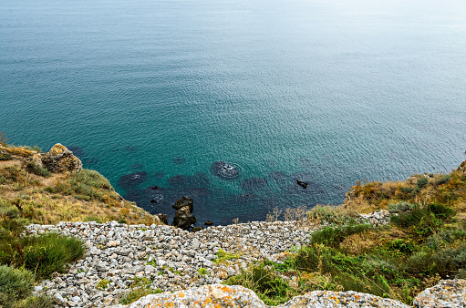 Green Thracian cliffs, Kaliakra Lighthouse, Black sea water, bulgarian coastline.