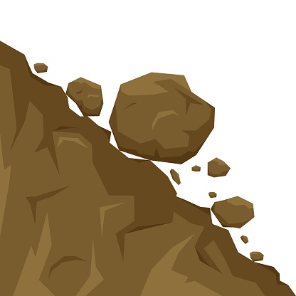 Landslide isolated on white background, stones fall from the rock. Boulders rolling down a hill. Rockfall vector illustration