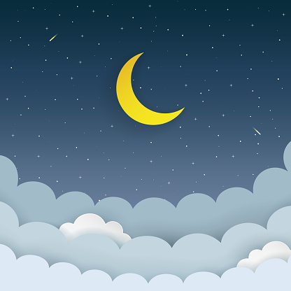Half moon, stars, clouds, comet on the dark night starry sky background. Galaxy background with moon and shooting stars. Paper and craft style. Night scene minimal background. Vector Illustration.