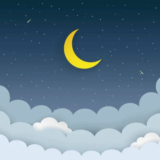 Vector illustration of Half moon, stars, clouds, comet on the dark night starry sky background. Galaxy background with moon and shooting stars. Paper and craft style. Night scene minimal background. Vector Illustration.