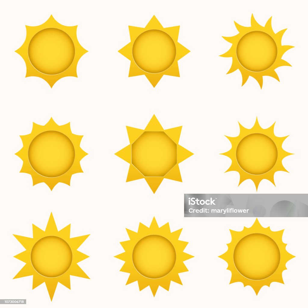 Sun icon set. Summer sky elements. Sun silhouettes collection. Isolated sun symbol. Cute cartoon sun icons with shadow, stroke and 3d effect. Paper and craft style. Vector Illustration. Sun stock vector