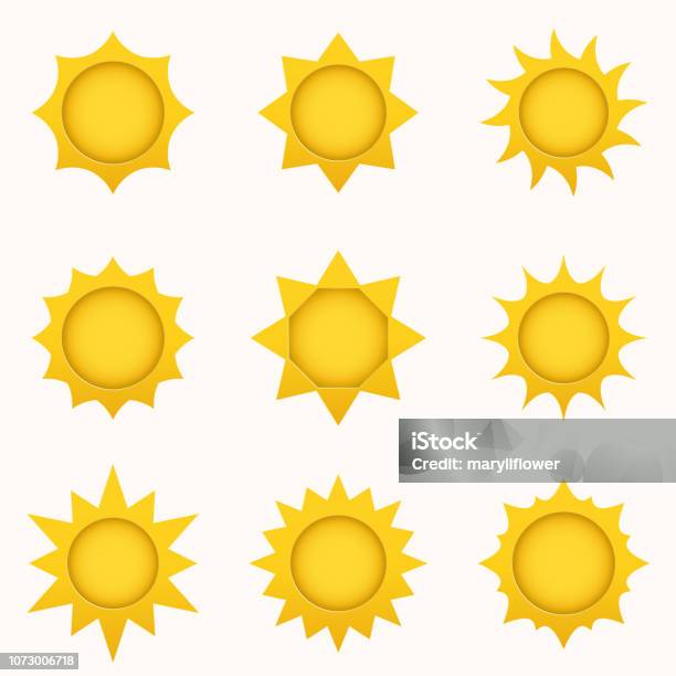 Sun Icon Set Summer Sky Elements Sun Silhouettes Collection Isolated Sun Symbol Cute Cartoon Sun Icons With Shadow Stroke And 3d Effect Paper And Craft Style Vector Illustration Stock Illustration - Download Image Now