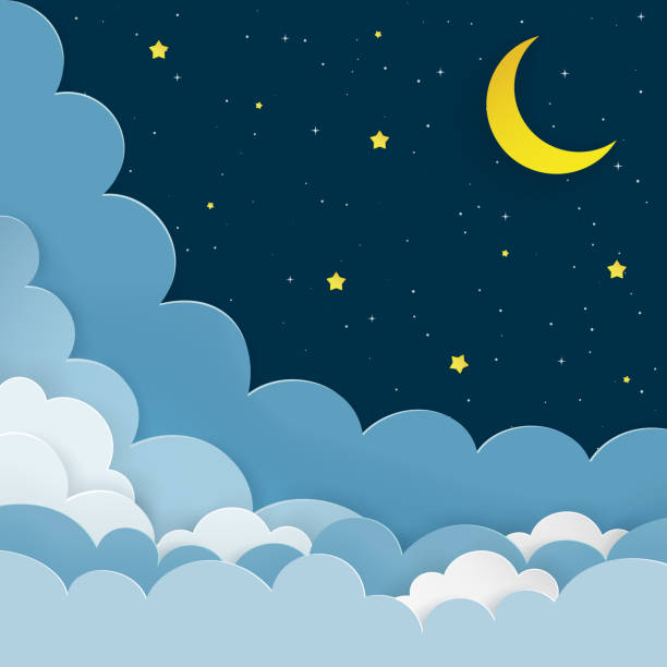 ilustrações de stock, clip art, desenhos animados e ícones de half moon, stars, clouds on the dark night starry sky background. galaxy background with crescent moon and stars. paper and craft style. night scene minimal background. vector illustration. - sky beauty in nature cloudscape cloud