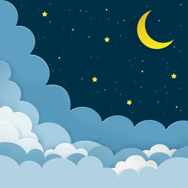 Vector illustration of Half moon, stars, clouds on the dark night starry sky background. Galaxy background with crescent moon and stars. Paper and craft style. Night scene minimal background. Vector Illustration.