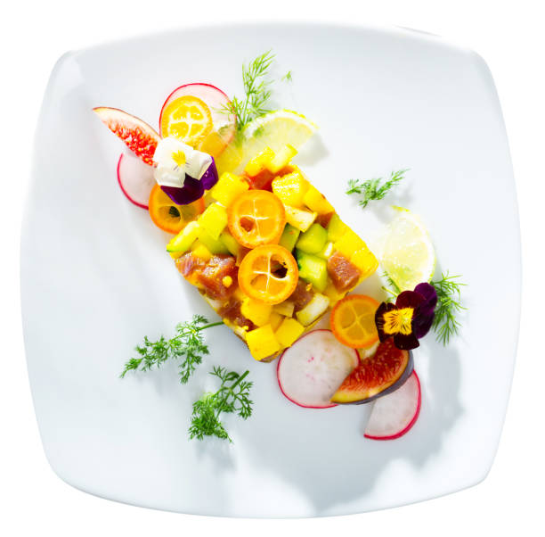 istock Top view of raw tuna tartare with mango and avocado 1073010452