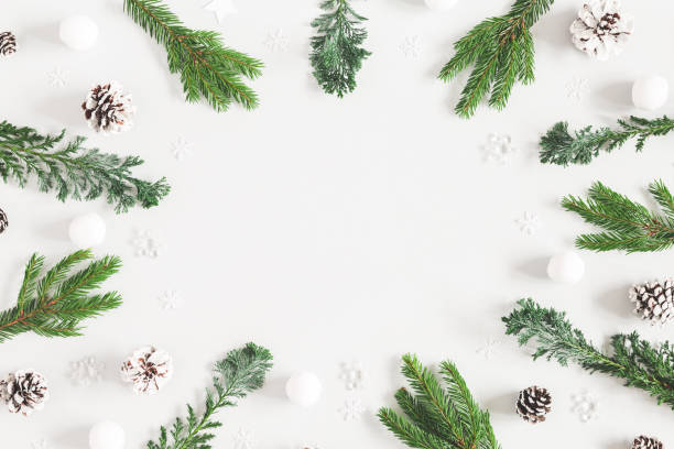 istock Christmas composition. Christmas decorations, fir tree branches,. pine cones on pastel gray background. Flat lay, top view, copy space 1073017894