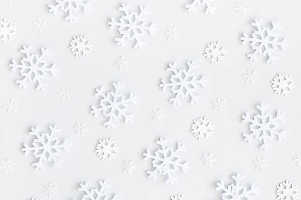istock Christmas or winter composition. Christmas pattern made of snowflakes on pastel gray background. Flat lay, top view 1073020450