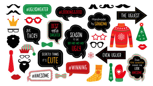 Ugly tasky Christmas sweater party photo booth props Ugly Christmas sweater party photo booth props. Merry Christmas and Happy New Year photobooth. Vector set for masquerade - ugly ullover, jumper, funny quotes. Tacky sweater party print design. vintage funny photos stock illustrations