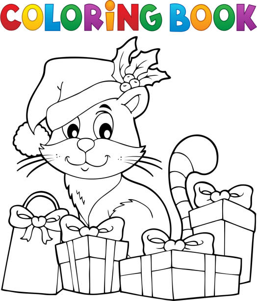 Coloring book Christmas cat theme 3 vector art illustration