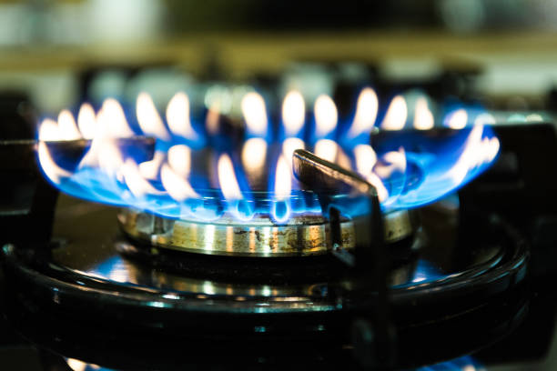 istock Blue flames on gas stove burner. 1073022064