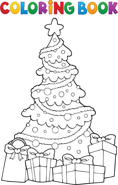 Coloring book Christmas tree and gifts 2 vector art illustration